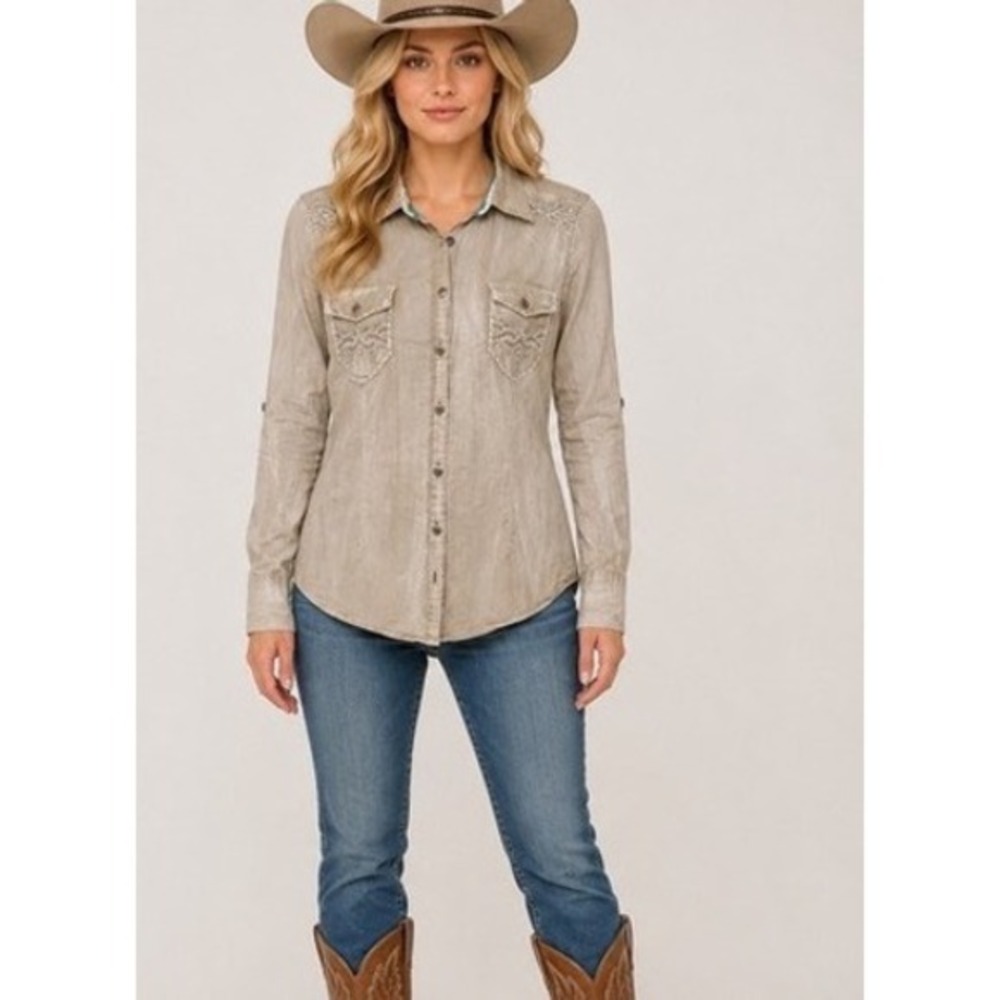 Roar Western Blouse Embroidered Rhinestone Button Down Cowgirl Boho Top Small